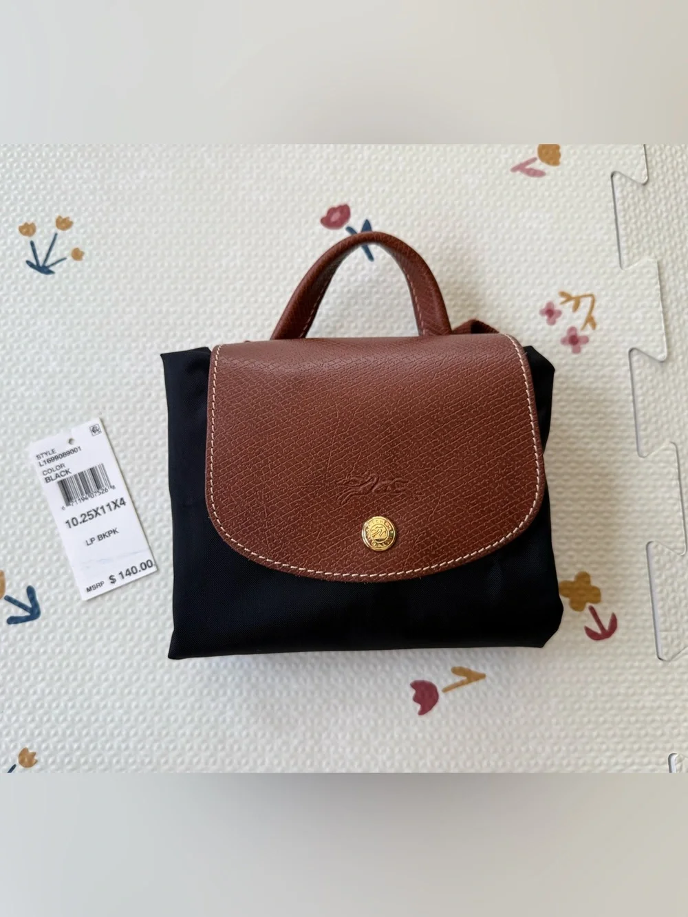 Longchamp Black Nylon Backpack with Brown Leather Flap